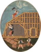 Künstler um 1800- Zimmermänner bei der Arbeit - Öl/Lwd. 39 x 30,7 cm (Oval). Rückseitig