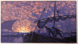 Vadim Falileev (Falileeff)1879 Penza - 1950 - Bootsleute bei Sonnenuntergang - Farbholzschnitt/
