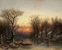 Albert Bredow1828 Deutschland - 1899 Moskau - Winterliche Teichlandschaft mit Eissammlern - Öl/