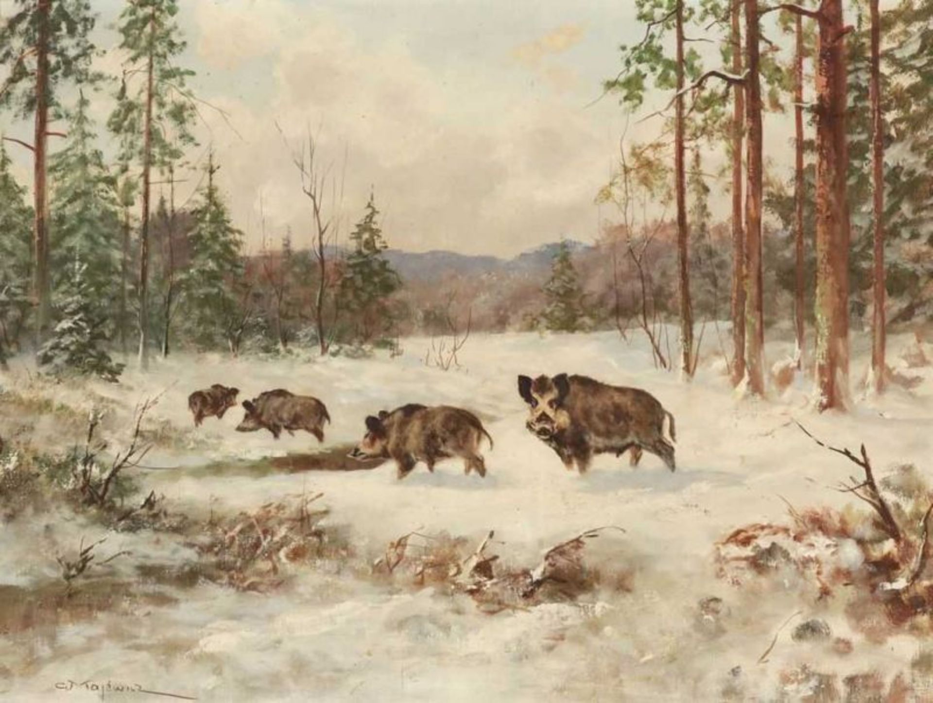 George Majewicz 1897 Polkwitz - 1973 Stammbach/Fichtelgebirge - Wildschweine im Winter - Öl/Lwd.