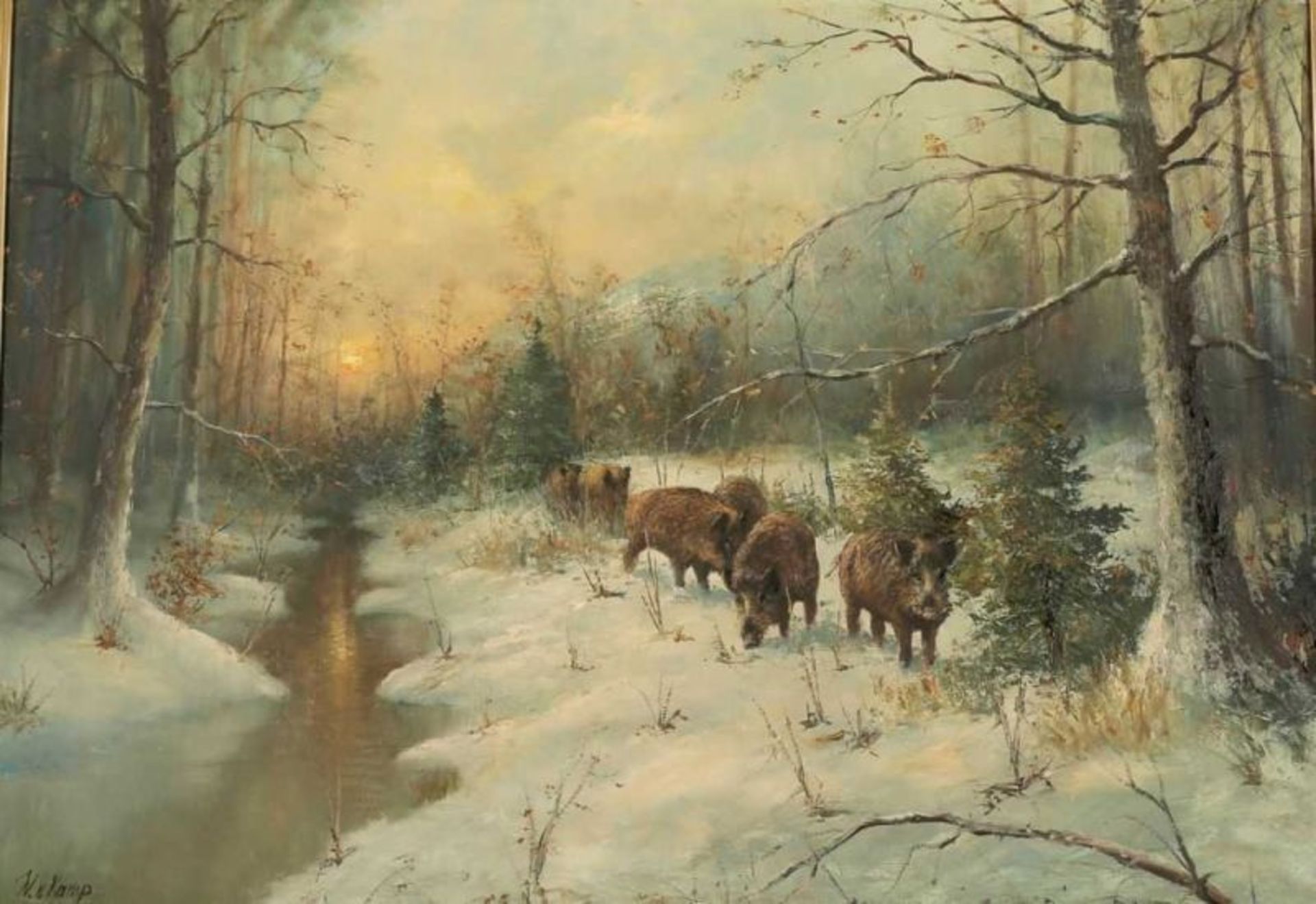 W. von Kamp Künstler des 20. Jahrhunderts - Wildschweine im verschneiten Wald - Öl/Lwd. 70 x 100 cm.