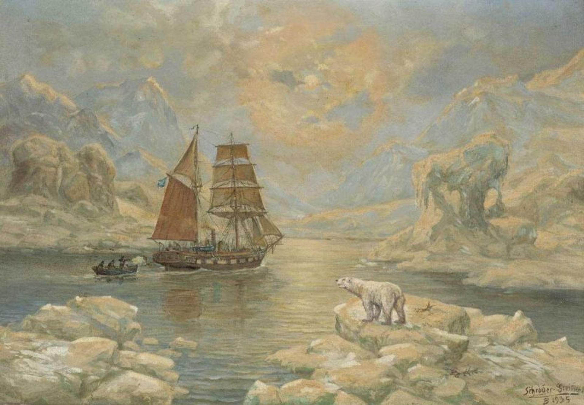 Max Schröder-Greifswald 1858 Greifswald - 1948 Berlin - Eisbärenjagd im Polarmeer - Öl/Lwd. 40,5 x