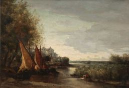 Künstler der Schule von Barbizon - Wäscherin am Fluss - Öl/Holz. 34 x 50 cm. Rahmen. 22.00 % buyer's