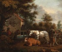Genremaler des 18. Jahrhunderts - Ländliche Szene - Öl/Lwd. Doubl. 32,5 x 40,3 cm. Reste eines