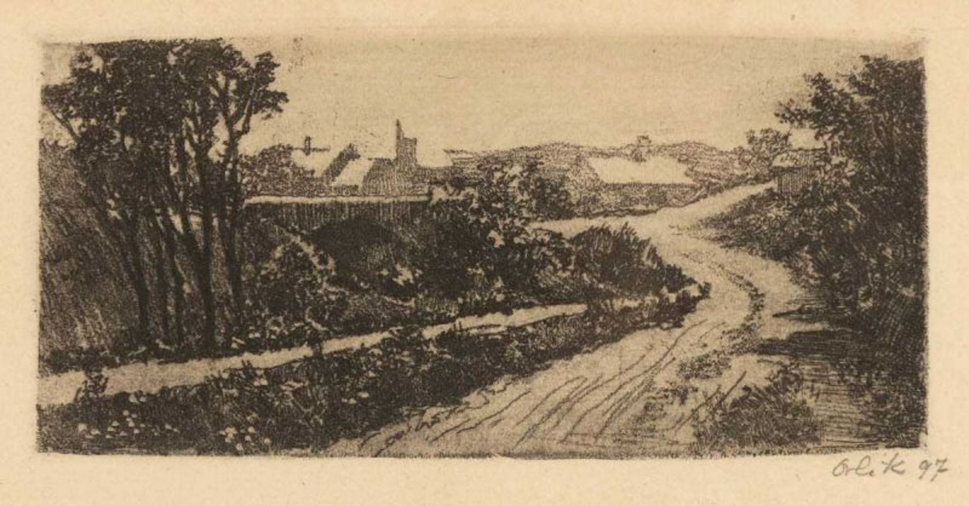 Emil Orlik 1870 Prag - 1932 Berlin - Dorf - Radierung/Papier. 6,8 x 13,5 cm, 14 x 19,6 cm. Sign. und