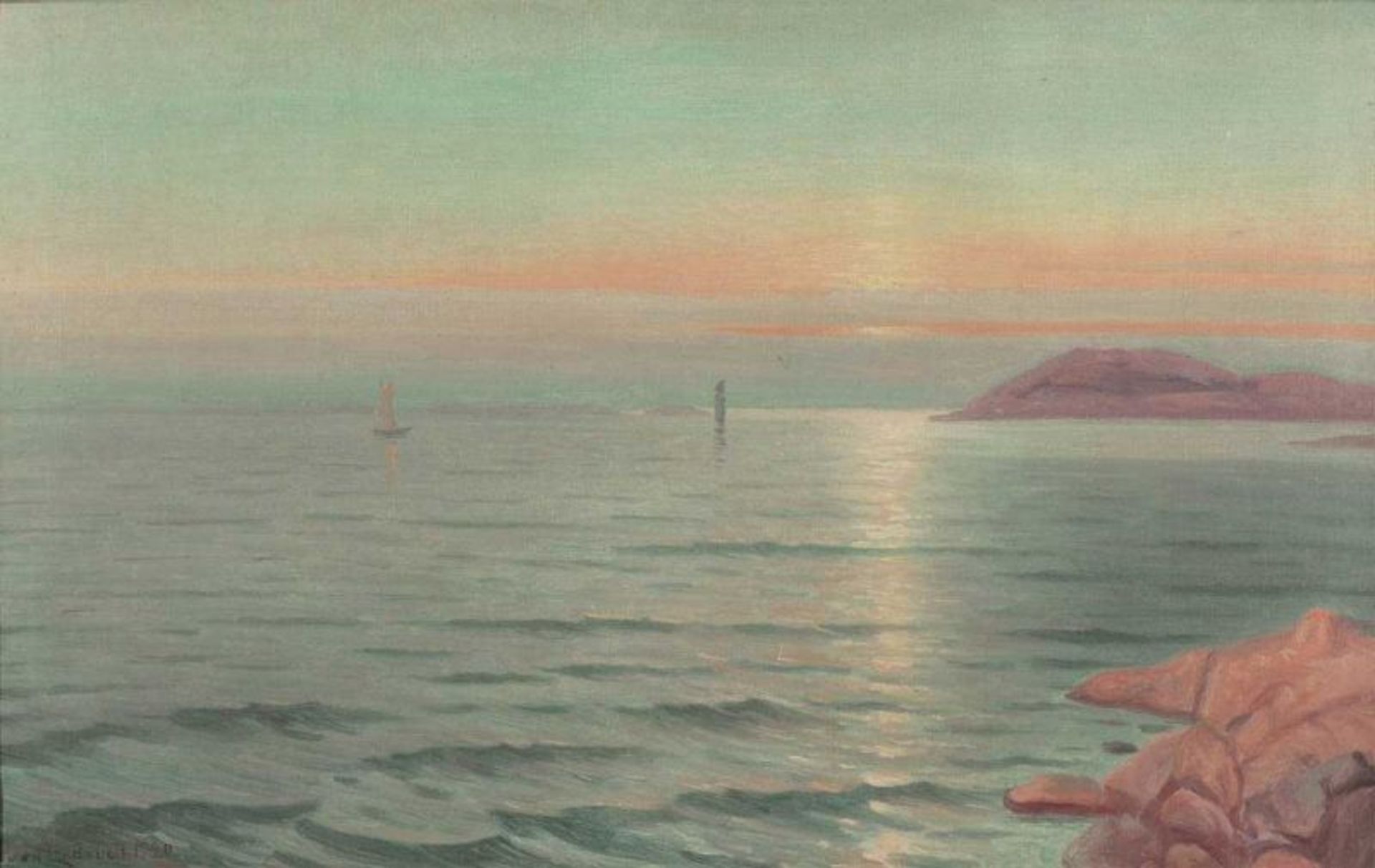 Sven Linderoth 1859 - 1934 - Küste mit Seglern bei Sonnenuntergang - Öl/Lwd. 61 x 95 cm. Sign. und