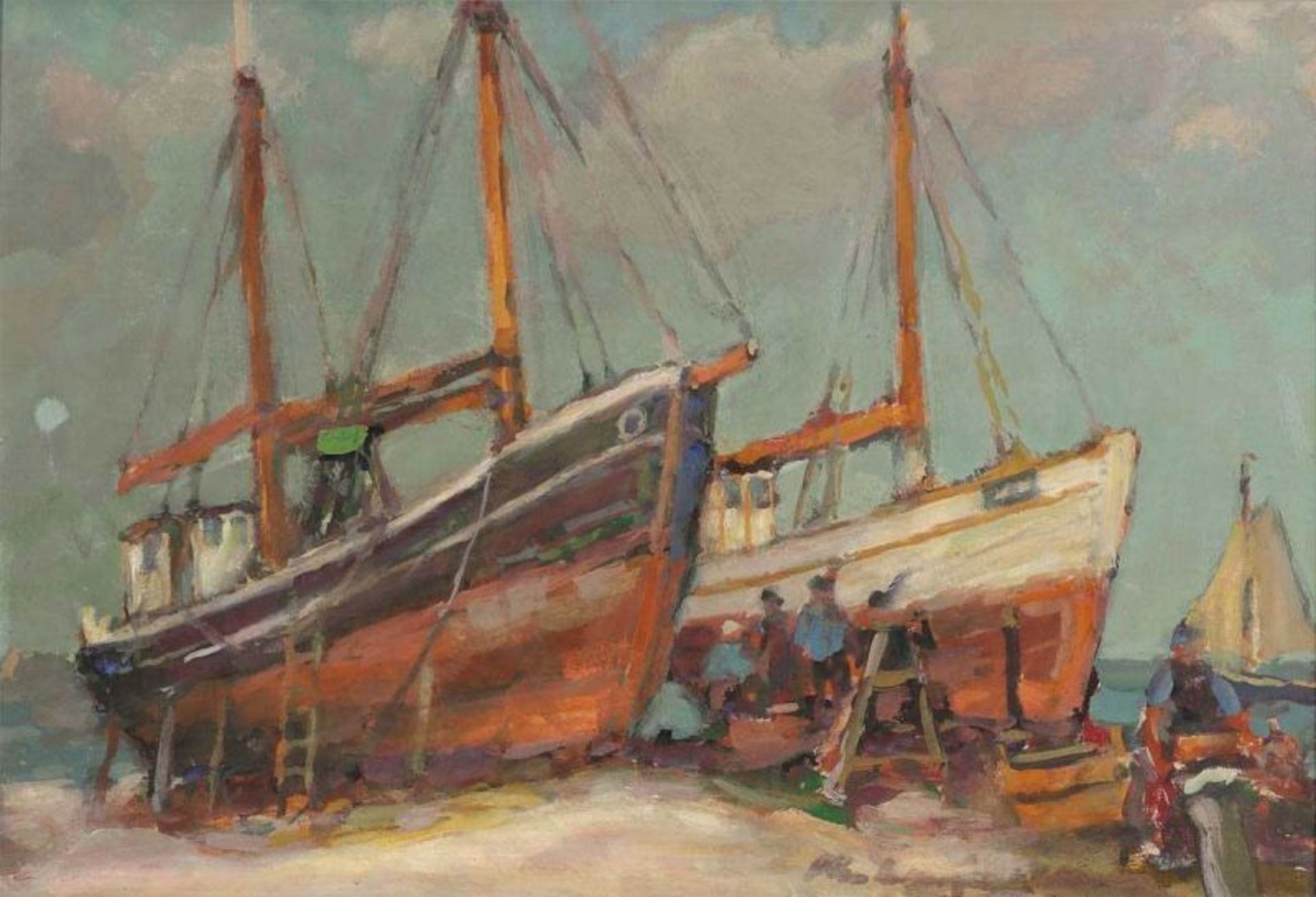 Otto Lang-Wollin 1881 Kassel - 1958 San Remo - Zwei Schiffe im Trockendock - Tempera/Karton. 45,5