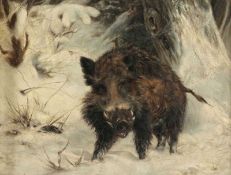 Künstler um 1900 - Wildschwein im Schnee - Öl/Lwd. 26,2 x 34,5 cm. Rahmen. Rest. Kl. Abplatzer. 22.