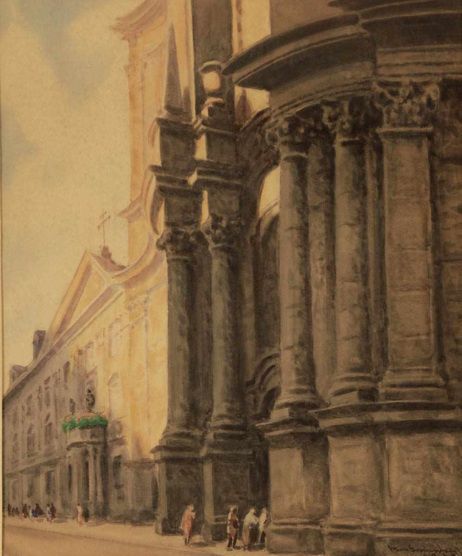 Max Grunwald 1889 Berlin - 1960 Berlin - Kirchenfassade mit Fußgängern - Aquarell/Papier. 41,5 x