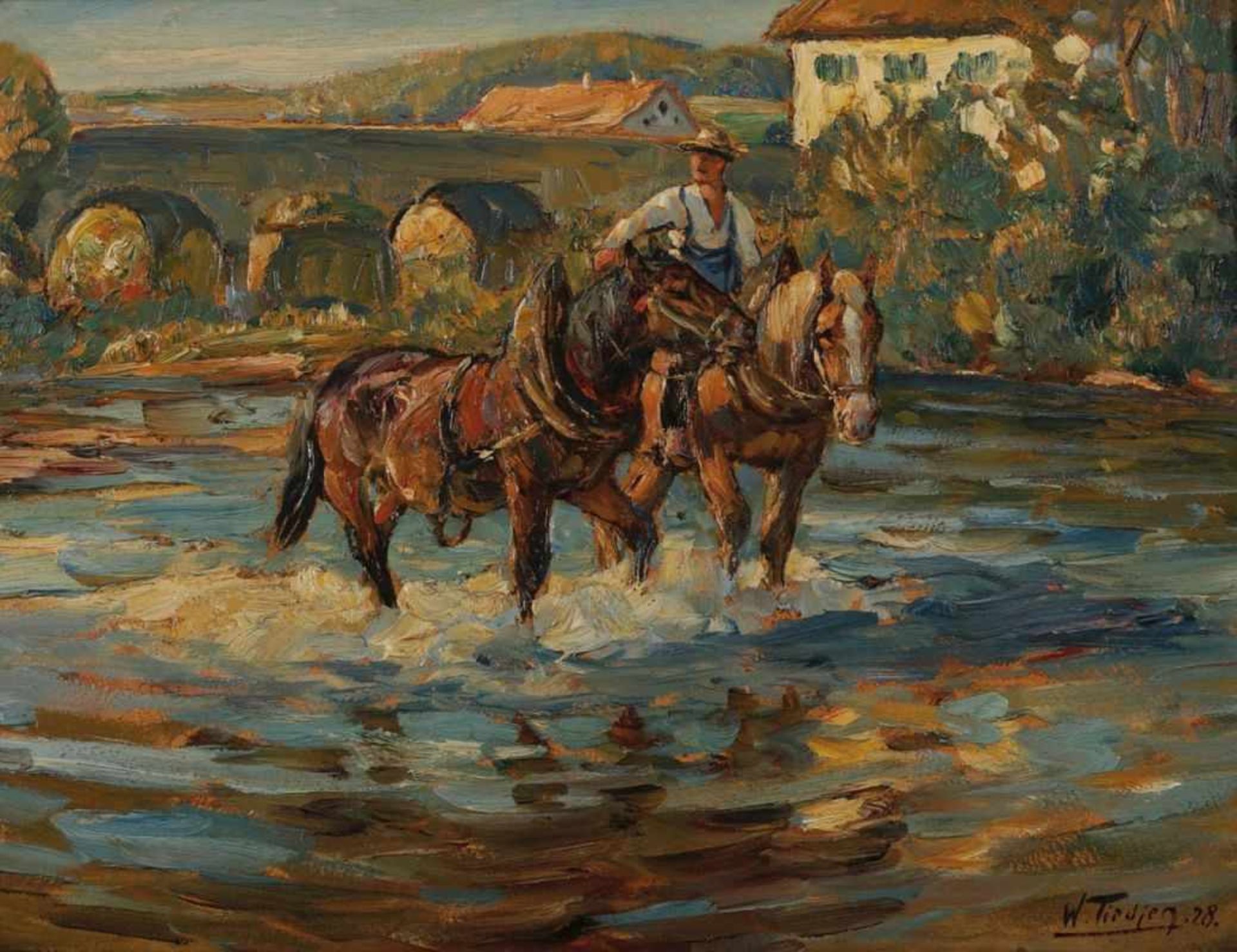 Willy Tiedjen 1881 Hamburg - 1950 München - Reiter im Flussbett - Öl/Lwd. 38,5 x 49,5 cm. Sign.