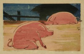 Siegfried Berndt 1880 Görlitz - 1946 Dresden - "Schweine" - Farbholzschnitt/Japan. 17 x 28 cm, 21