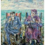 Monogrammist des 20. Jahrhunderts - Paar beim Kaffeetrinken am Strand - Acryl/Lwd (horizontal