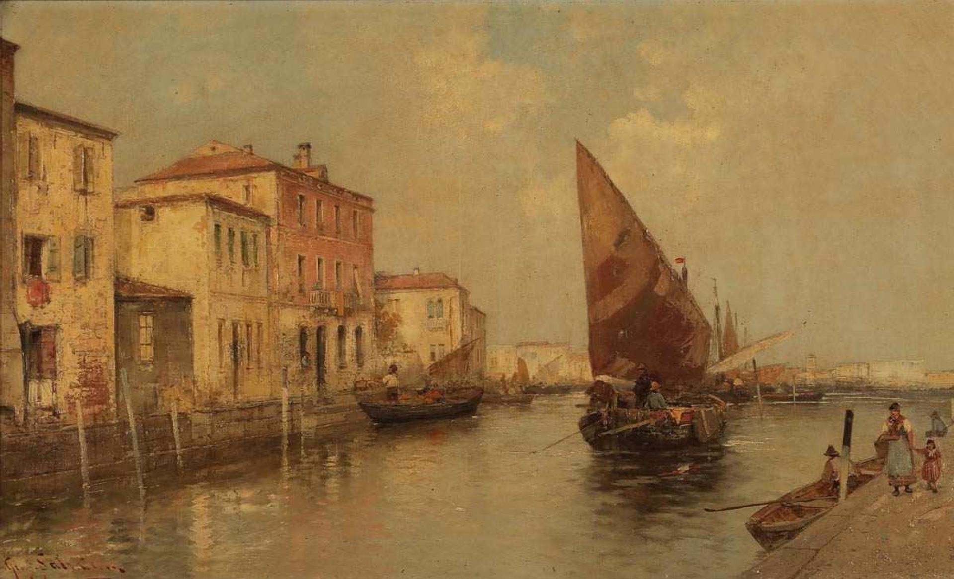 Giuseppe Salvaterra Italienischer Künstler um 1900 - "Venedig" - Öl/Lwd. 50 x 82 cm. Sign. l. u.: