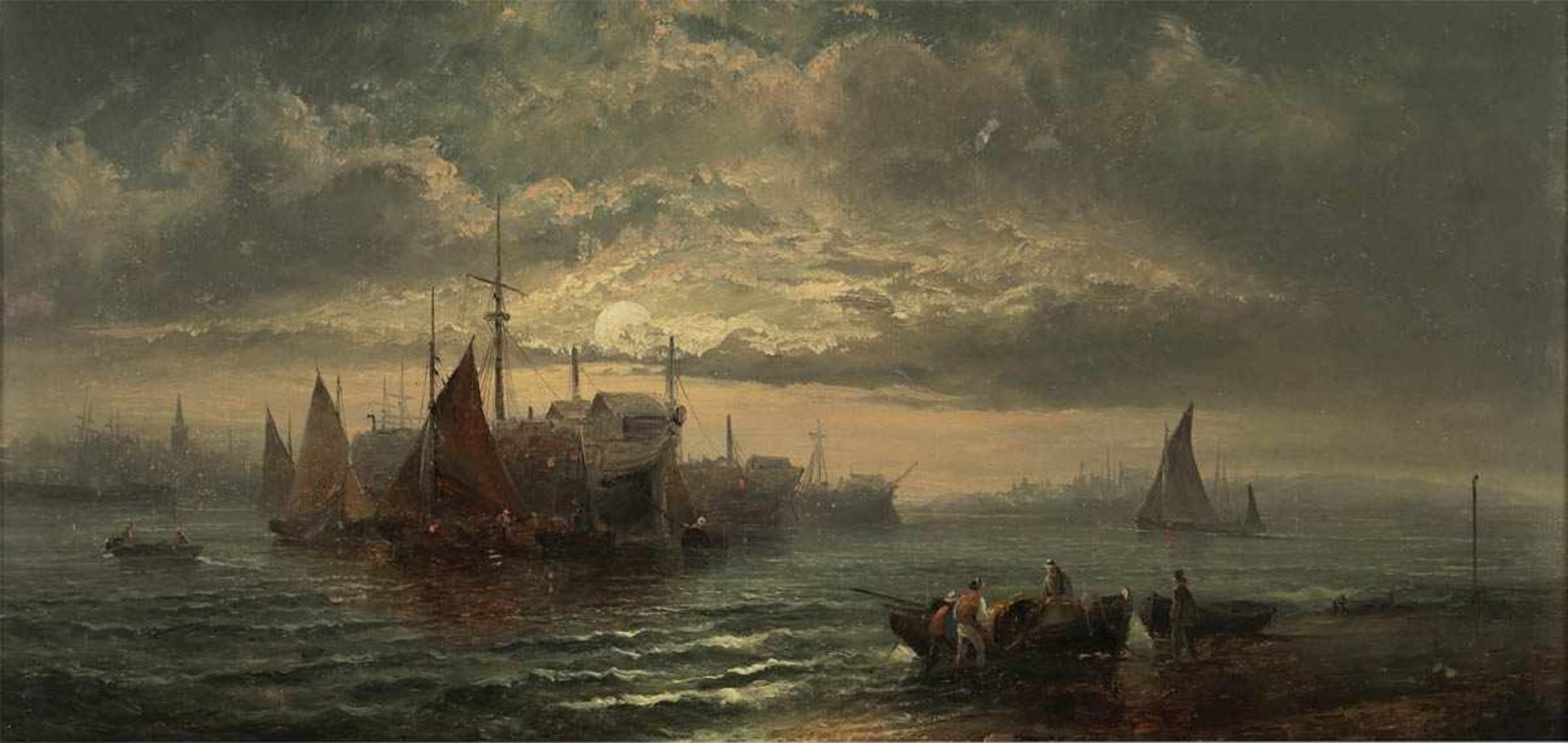 James Webb 1825 London - 1895 London - Boote in Abendstimmung vor Stadtkulisse - Öl/Lwd. 25,5 x 46