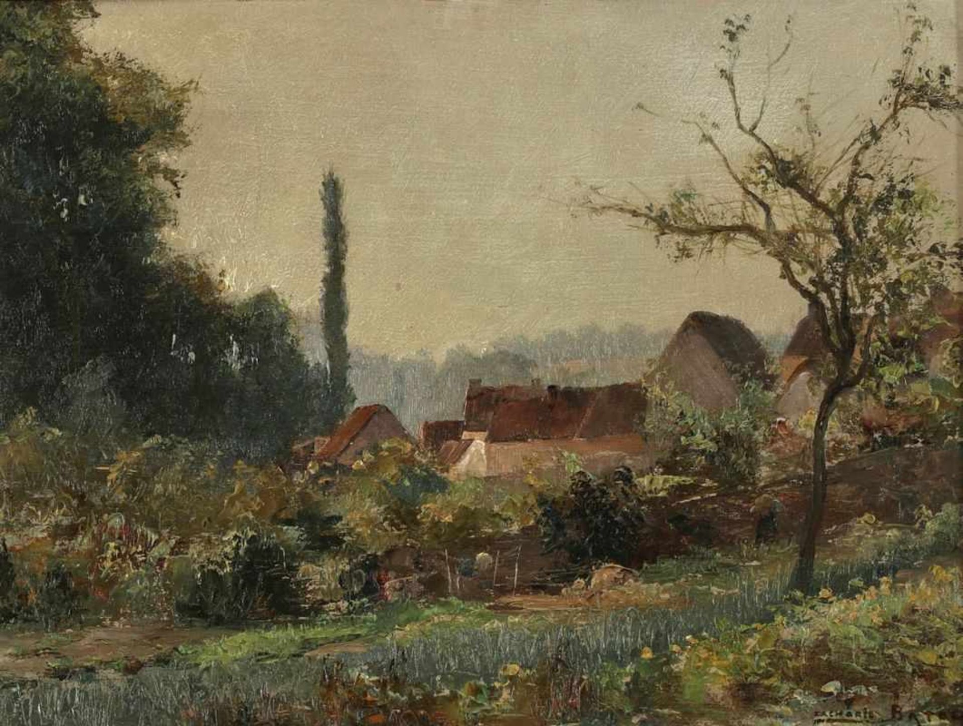 István Kovacz Künstler des 20. Jahrhunderts - Sommerliche Landschaft mit Häusern - Öl/Karton. 26 x
