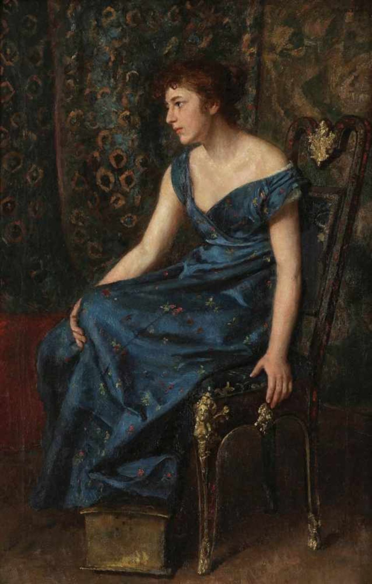 Carl Rudolph Sohn 1845 Düsseldorf - 1908 Düsseldorf - Dame in blauem Kleid - Öl/Lwd. 61,2 x 41,2 cm.