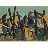 Künstler des 20. Jahrhunderts - "Bei den Netzen" - Farblinolschnitt/Papier. 37 x 50 cm, 39 x 51,4