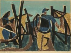 Künstler des 20. Jahrhunderts - "Bei den Netzen" - Farblinolschnitt/Papier. 37 x 50 cm, 39 x 51,4