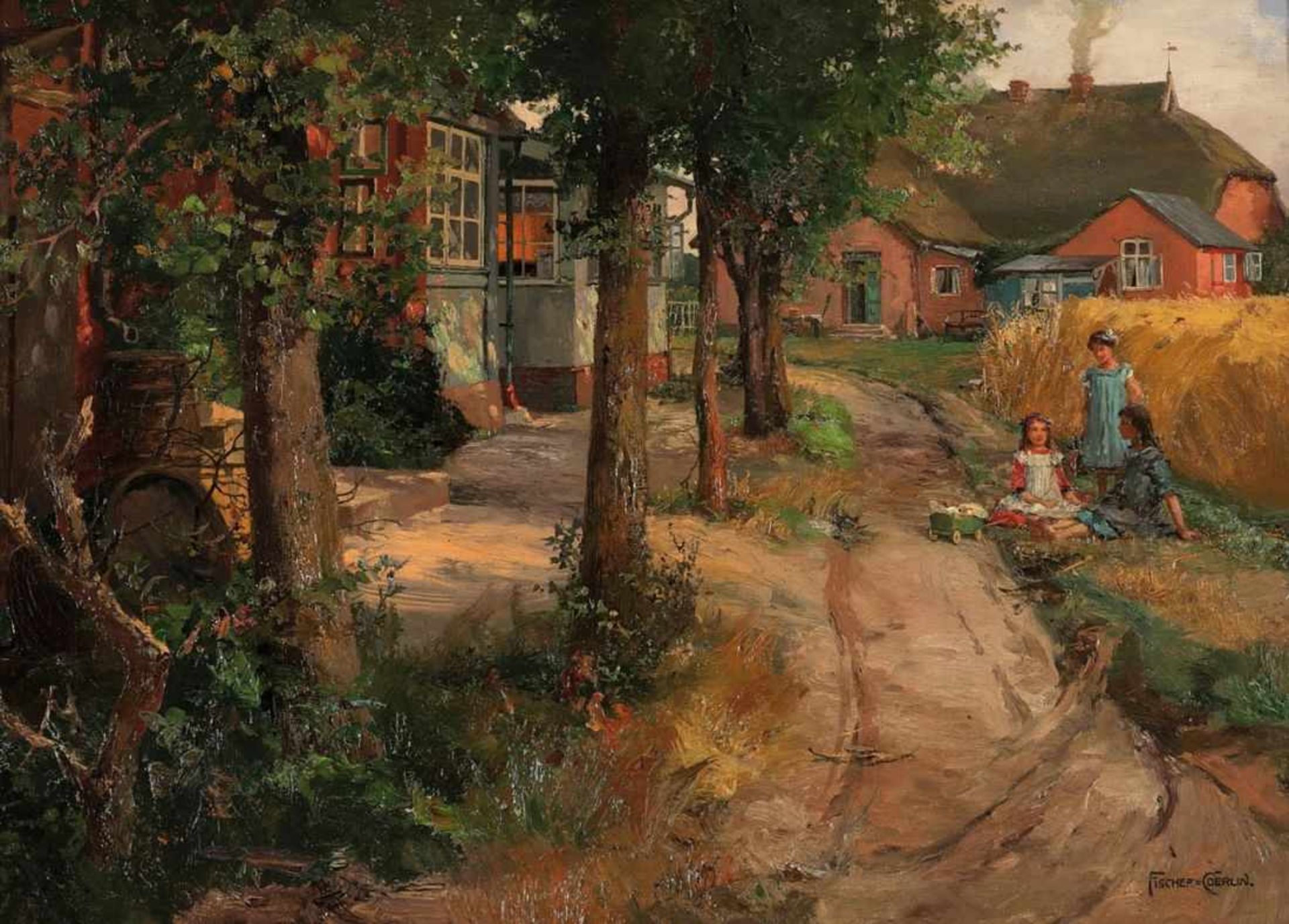 Ernst Albert Fischer-Cörlin 1853 Cörlin - 1932 Berlin - "In der Sommerfrische" - Öl/Lwd. 50 x 70 cm.