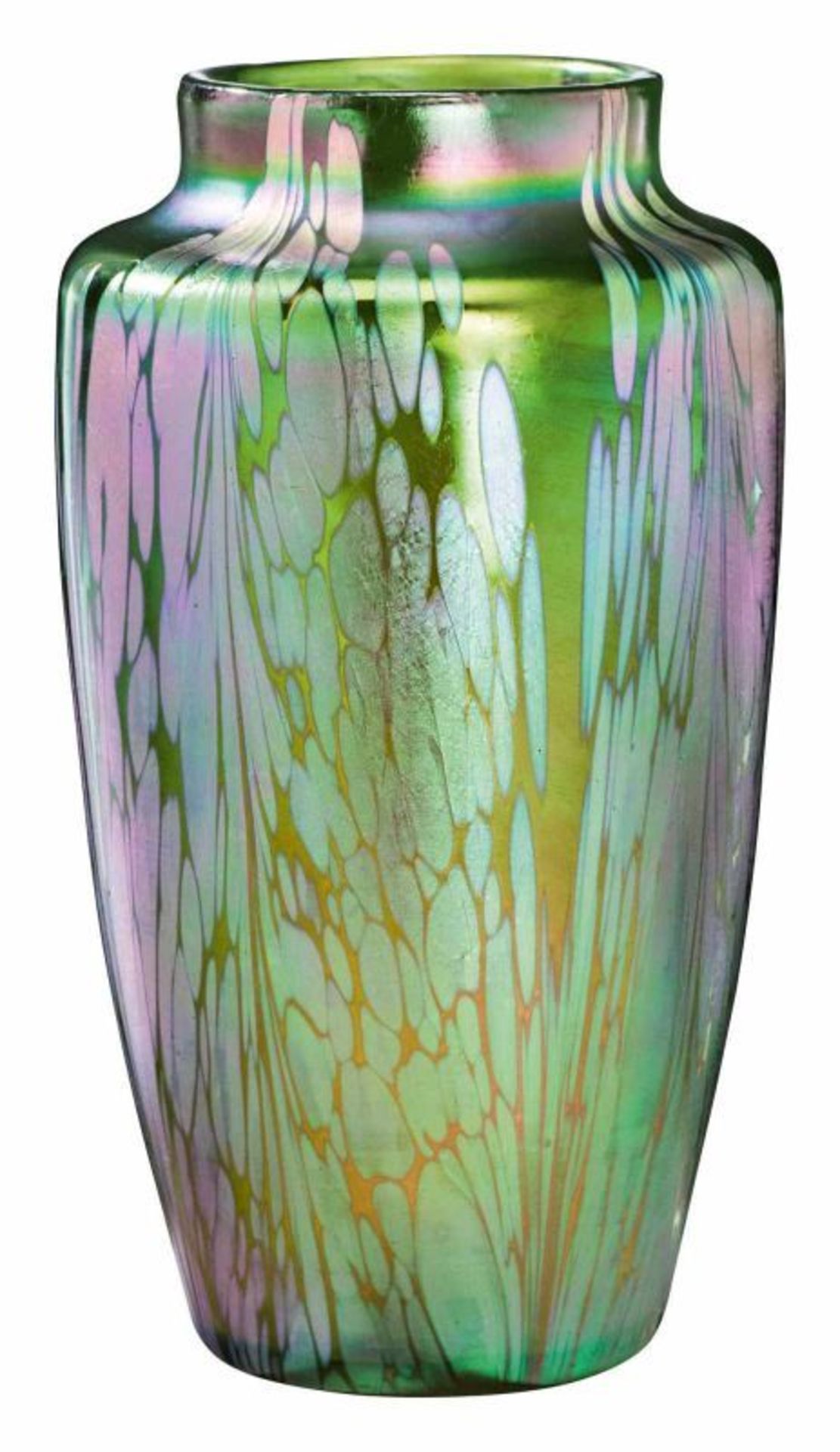 Prächtige Vase mit Medici-Dekor Johann Loetz Witwe, Klostermühle 1902. Farbloses Glas, irisierend