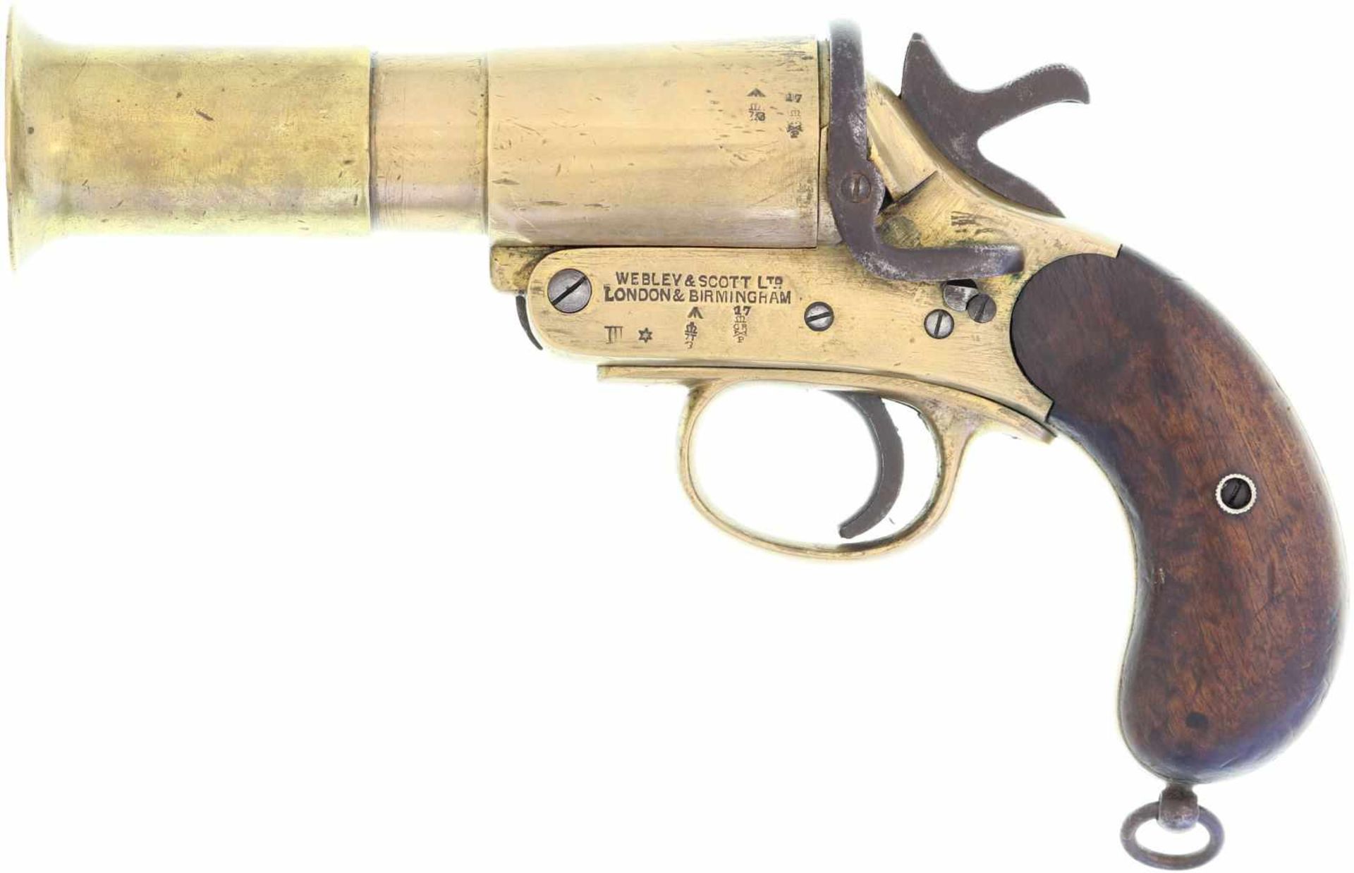 Leuchtpistole, brit. Ord., Webley & Scott, MK III, Kal. 26.5mm@ LL 145mm, Messingguss,