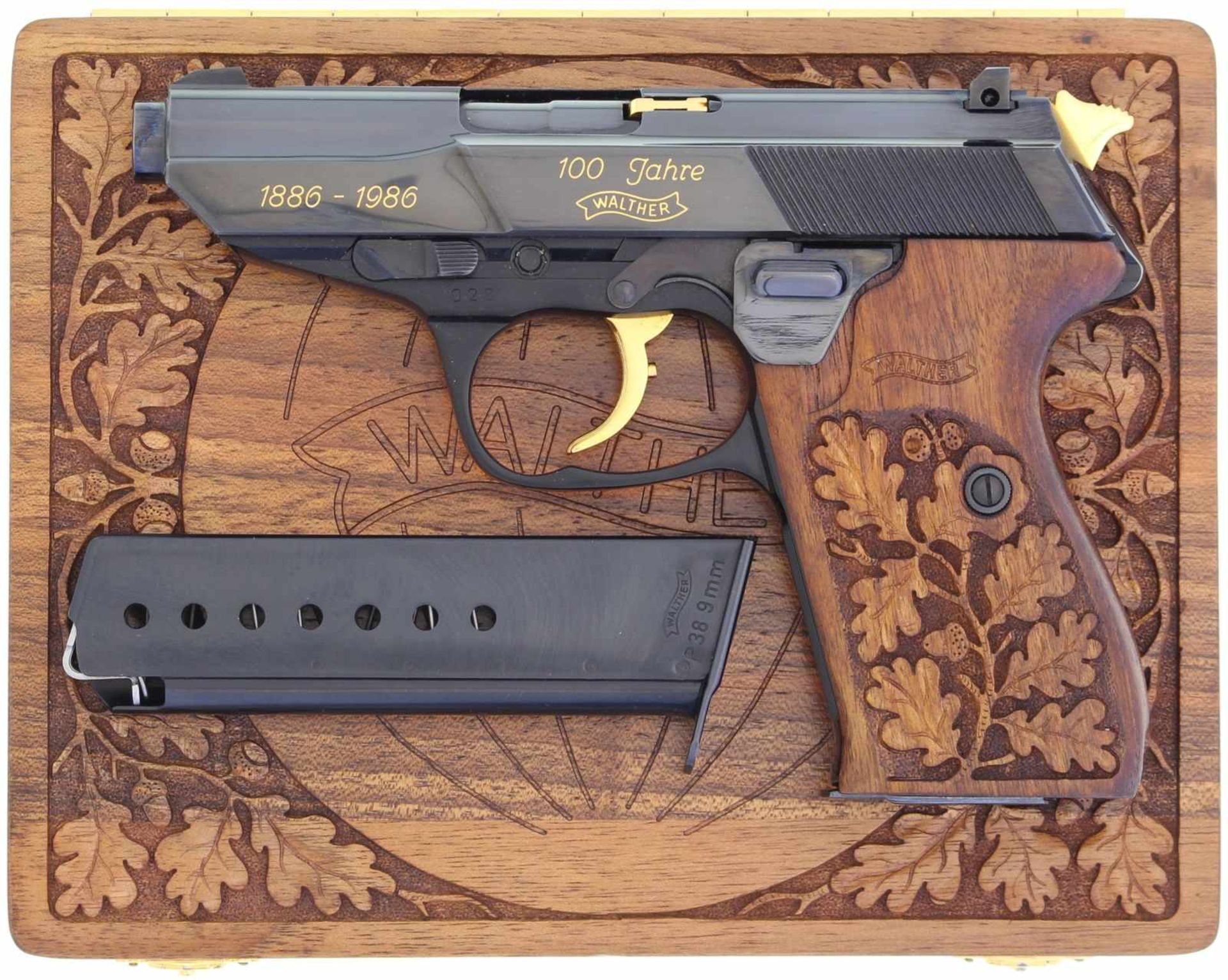 Pistole, Walther P5, Jubiläumsausführung 100 Jahre Walther, 1886-1986, Kal. 9mmP@ LL 90mm, TL 178mm,