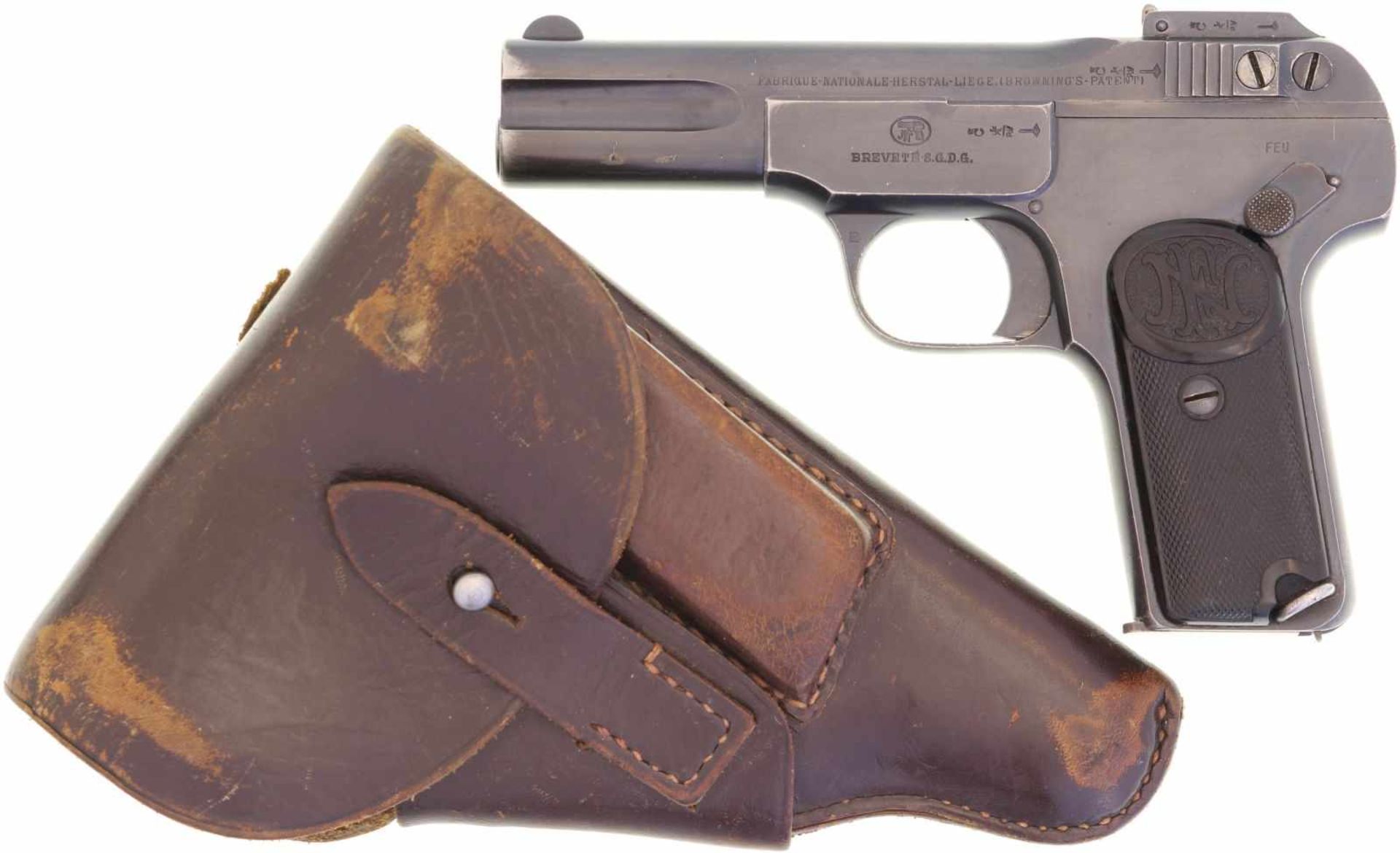Pistole, FN 1900, Kal. 7.65mm@ LL 100mm, TL 165mm, brünierte Ganzstahlwaffe mit SA-Abzug. Kimme