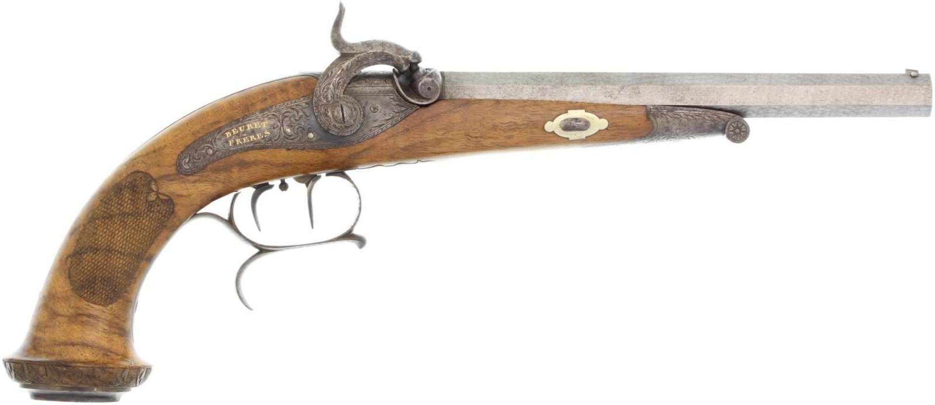 Perkussionspistole, belgisch, um 1850, Schützenwaffe Kal. 11mm@ Oktogonallauf, Aetzdamast,