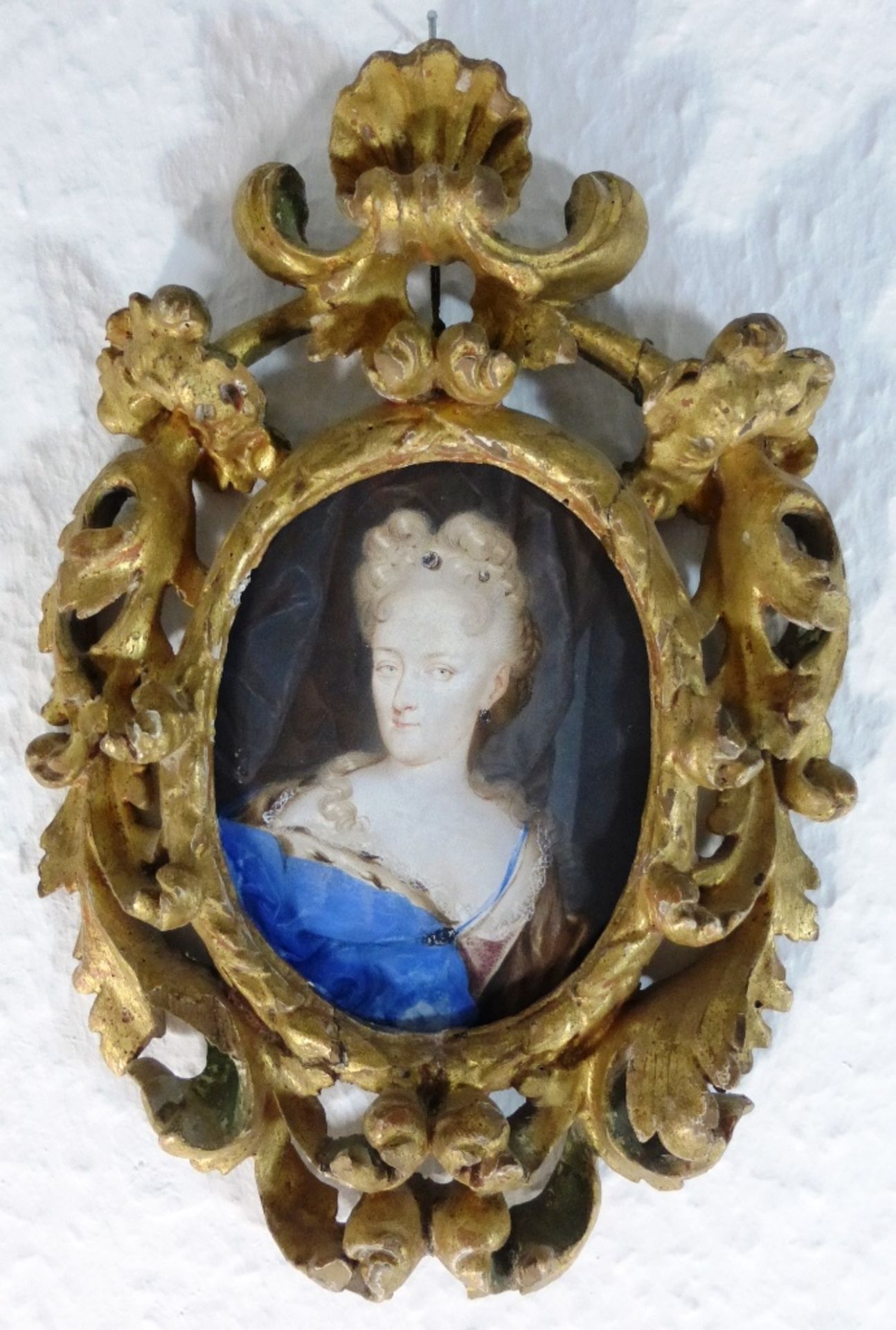 Barockrahmen 18.Jh., Lindenholz geschnitzt, vergoldet, Portrait einer Dame, Tempera,Rahmen min.