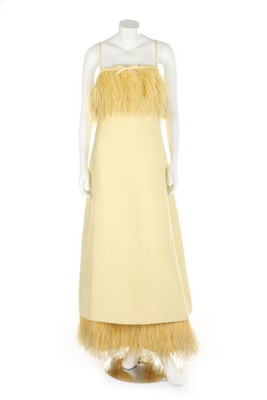 A yellow gazar evening dress, circa 1967, labelled 'made in France',