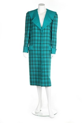 Princess Diana's Emanuel couture teal tartan wool day ensemble, 1985, labelled 'Emanuel Special',