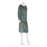 A Mariano Fortuny gold stencilled blue velvet dress, mid 1920s,