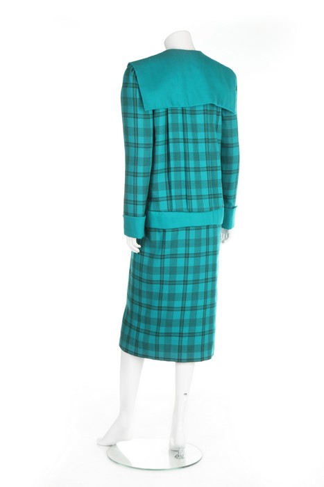 Princess Diana's Emanuel couture teal tartan wool day ensemble, 1985, labelled 'Emanuel Special', - Image 4 of 16