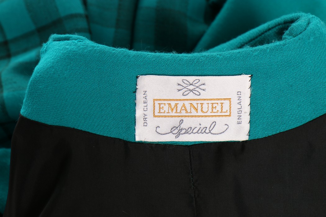 Princess Diana's Emanuel couture teal tartan wool day ensemble, 1985, labelled 'Emanuel Special', - Image 6 of 16