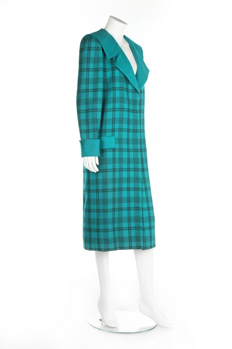 Princess Diana's Emanuel couture teal tartan wool day ensemble, 1985, labelled 'Emanuel Special', - Image 8 of 16