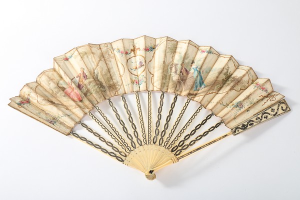 Nine 18th century fans, the majority with carved or painted ivory or bone sticks and guards, - Image 5 of 8