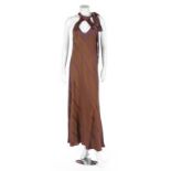 An Ossie Clark bias cut brown/purple striped crepe dress, late 1960s, un-labelled,