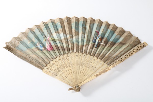 Nine 18th century fans, the majority with carved or painted ivory or bone sticks and guards, - Image 3 of 8