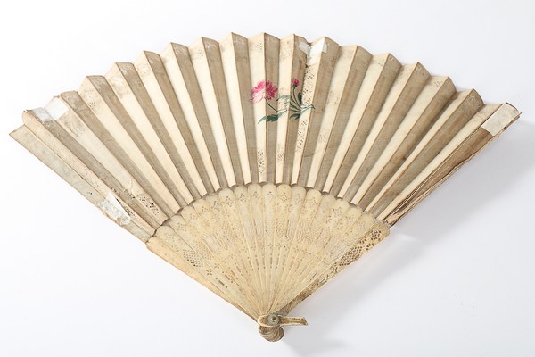 Nine 18th century fans, the majority with carved or painted ivory or bone sticks and guards, - Image 4 of 8