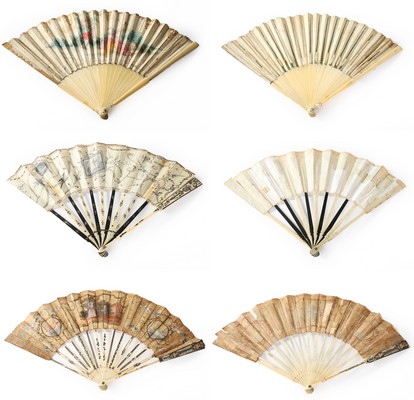 Nine 18th century fans, the majority with carved or painted ivory or bone sticks and guards, - Image 8 of 8