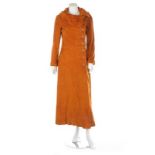 A Biba rust coloured towelling maxi-coat, 1969, gold on black woven label, with funnel collar,