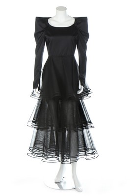 A Nina Ricci couture black satin gown, 1980s, labelled, with tiered tulle skirt,