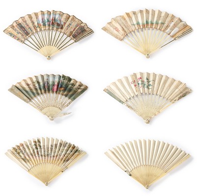 Nine 18th century fans, the majority with carved or painted ivory or bone sticks and guards, - Image 7 of 8