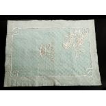 A whitework embroidered tulle and quilted blue satin cover, 1930s, embroidered MR below a coronet,