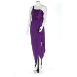 A Halston deep purple satin gown, late 1980s, labelled, with asymmetric shoulder strap,