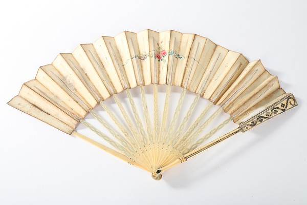 Nine 18th century fans, the majority with carved or painted ivory or bone sticks and guards, - Image 6 of 8