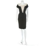 A Ceil Chapman white guipure and black silk cocktail dress, 1961, labelled, bust 92cm,