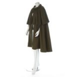 An Yves Saint Laurent olive green cashmere cape, 1970s, Rive Gauche labelled and size 38,