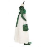 A green satin and whitework ensemble, circa 1820, the spencer bodice in two shades of green satin,