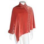 A Jean Patou couture coral pink velvet asymmetric evening cape, 1920s,